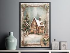 there is a painting on the wall with a house and christmas trees in front of it