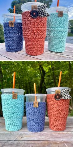 crocheted cups with straw lids are shown in different colors and sizes, one is blue