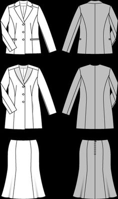 Wearable, classic fashion with sophisticated details. For daytime the woolen, hip-length blazer with lapel and matching gored skirt without waistband. The incorporated rubber band ensures wearing ease. For the evening, the elegant velvet jacket in frock-coat length with satin lapels, held by the forwarded shoulder seams. Recommended fabrics: Lightweight wool, crêpe, velvet, satin. Size 18-28 Uncut, Factory Folded. Envelope has light shelf wear. SHIPPING: Shipping charges will apply to the first Classic Office Sets For Winter, Classic Long Sleeve Sets For Fall, Winter Workwear Sets With Buttons, Classic Long Sleeve Winter Sets, Classic Sets With Pockets For Winter, Classic Winter Sets With Pockets, Classic Fall Sets With Pockets, Fitted Skirt Suit With Pockets For Fall, Fitted Winter Workwear Sets