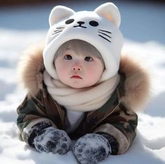 a small child wearing a cat hat and coat in the snow with his feet up