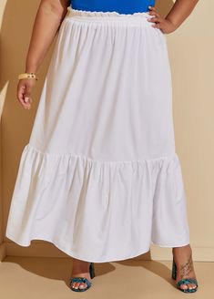 Truly a no-fuss skirt with huge stylistic impact, wear our lightweight maxi with the matching top or pair with one of our knit tanks for a more casual appeal. White Maxi Skirt Outfit Plus Size, White Voluminous Maxi Skirt For Day Out, White Relaxed Casual Maxi Skirt, White Feminine Voluminous Maxi Skirt, White Non-stretch Maxi Skirt For Vacation, Maxi Skirts Summer, Summer Maxi, Full Length Skirts, Party Skirt