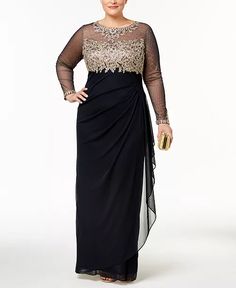 XSCAPE - Plus Size Embroidered Illusion Gown Dresses For Apple Shape, Plus Size Gowns, Mother Of Groom Dresses, Plus Size Formal, Plus Size Formal Dresses, Mob Dresses, Bride Clothes, Gowns Online, Review Dresses