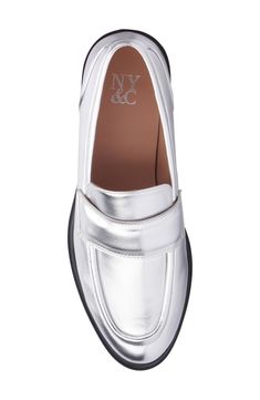 A patent finish lends shine to a faux-leather loafer topped with a simple penny strap for minimalist appeal. 1 1/2" heel Synthetic faux-leather upper and lining/rubber sole
 Imported Classic Silver Loafers For Spring, Silver Classic Loafers For Spring, Classic Silver Loafers For Business, Leather Loafers Women, Loafer Women, New York And Company, Leather Loafers, Nordstrom Rack, Penny