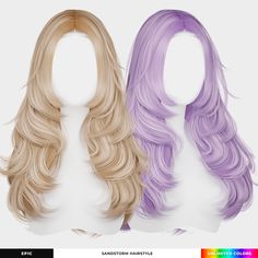 two wigs with different colored hair on top of each other, one is blonde and the other is purple