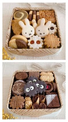 two boxes filled with different types of cookies and treats in them, one has eyes on it