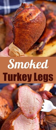 smoked turkey legs on a cutting board with a knife and fork in the foreground