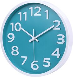 a blue and white clock with numbers on the face is shown against a white background