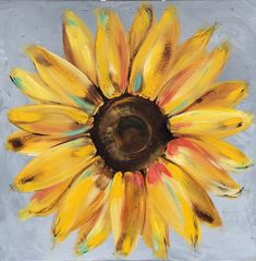 a painting of a yellow sunflower on a gray background