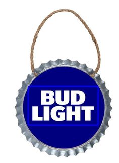 bud light bottle cap sign hanging on a rope