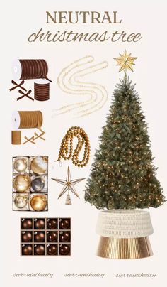 a christmas tree with gold decorations and other items around it, including balls, chains, beads, ribbons, star ornament