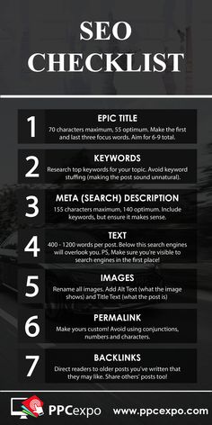 a black and white flyer with the words seo checklist