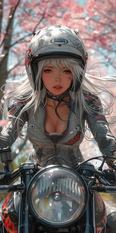 a woman with white hair wearing a helmet on top of a motor bike in front of trees