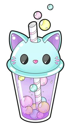 a drawing of a cat in a cup with bubbles and candy on the rims