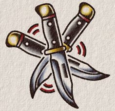 a drawing of two knives with red and yellow handles on white paper behind it is an image of the same knife that appears to have been cut out