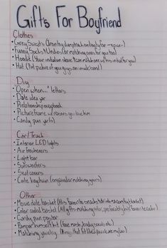 a handwritten list with the words gifts for boyfriend