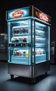 an ice cream display case is lit up at night with the lights on and it's doors open