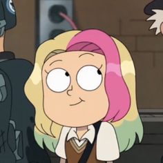 an animated character with pink hair standing next to two other characters