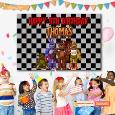 children are celebrating their birthday with party hats and streamers in front of a checkerboard background