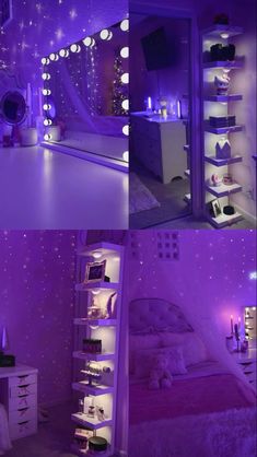 the bedroom is lit up with purple lights and shelving unit in front of it