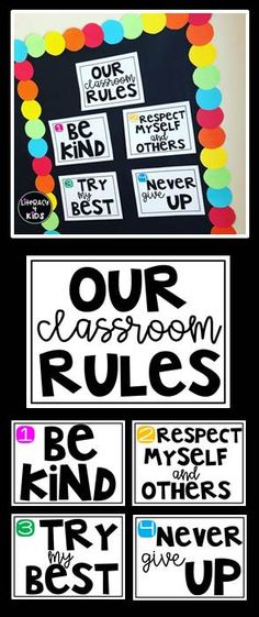 the classroom rules poster is displayed in black and white, with colorful circles around it