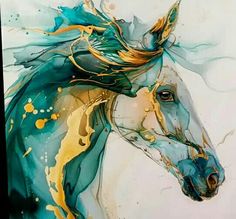 a painting of a horse with gold and blue colors