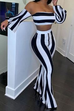 Trumpet Sleeve Top, Striped Tube Top, Striped Two Piece, Trumpet Sleeve, Two Piece Pants Set, Top Pants Set, Casual Stripes, Striped Crop Top, Sleeveless Crop Top