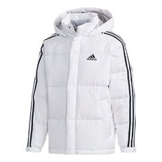 adidas 3ST Puff Down White Sporty Hooded Puffer Jacket For Outdoor, Sporty Puffer Jacket With Adjustable Hood For Outdoor, Sporty Winter Puffer Jacket With Adjustable Hood, Sporty Hooded Nylon Puffer Jacket, Sporty Hooded Waterproof Puffer Jacket, Sporty Waterproof Hooded Puffer Jacket, White Sporty Puffer Jacket, Waterproof Hooded Sporty Puffer Jacket, Winter Sportswear Puffer Jacket For Cold Weather