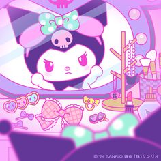 an image of hello kitty in the mirror with other items around her and behind her