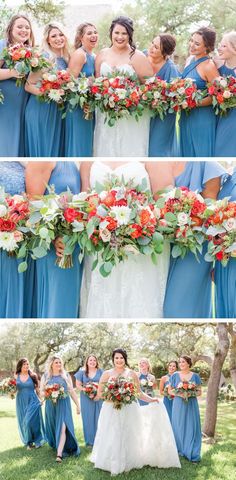 the bride and her bridesmaids are all dressed in blue dresses with red bouquets