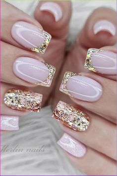 Embrace luxury with these elegant square-shaped nails featuring a soft pink base. Each nail is precision-tipped with a bold glitter French design, boasting a melange of gold, rose gold, and pink sequins that dazzle and shine. Perfect for those who want a touch of opulence at their fingertips.✨  // Photo Credit: Instagram @merlin_nails Gold With Pink Nails, Gold Sequin Nails, Glitter French Nails Square, Pink Gold Nails Design, Gold And Pink Nails Acrylic, Pink And Gold Christmas Nails, Pink With Gold Nails, Rose Gold And Pink Nails, Pink And Gold Nails Acrylic