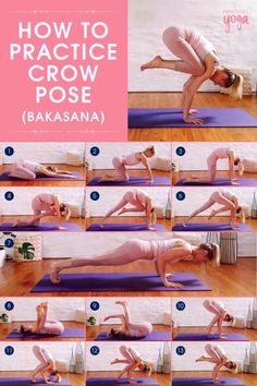 a woman doing yoga poses on a mat with the words how to practice crow pose