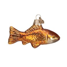 a gold fish ornament hanging from a hook