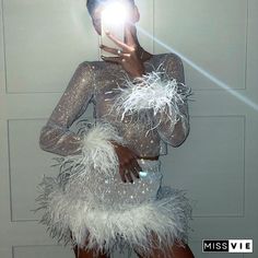 Knitted Round Neck Fur Long Sleeve Two Piece Set Bridal Fits, Feather Crop Top, Crushed Diamonds, Feather Skirt, Feather Tops, Mesh Skirt, Mid Length Dresses, Life Inspiration, Long Sleeve Crop Top