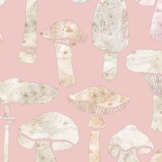 a pink background with many different types of mushrooms