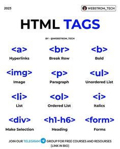 the different types of web tags are shown in blue and black text, with an image of