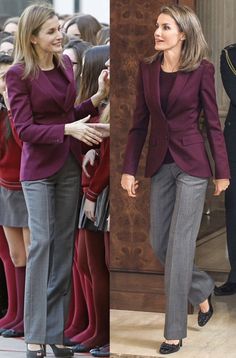 Doña Letizia mm :) Grey Trousers Outfit Women, Burgundy Blazer Outfit, Grey Dress Outfit, Break The Glass, School In New York, Grey Pants Outfit, Stylish Business Outfits, Look Formal, Business Casual Outfits For Work