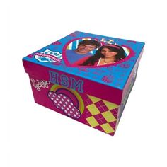 a cardboard box with an image of a man and woman on the front, in pink