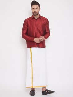 VM By VASTRAMAY Men's Maroon And White Silk Blend Shirt And Mundu Set The VM By VASTRAMAY Men's Maroon And White Silk Blend Shirt And Mundu Set is a stylish and traditional attire perfect for various occasions. This set combines elegance and comfort, making it an ideal choice for cultural events, festivals, and celebrations. Key Features Elegant maroon and white color combination Made from high-quality silk blend Comfortable fit for all-day wear Perfect for traditional and festive occasions Come