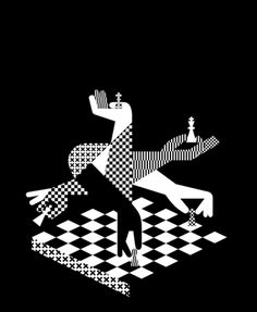 a black and white image of a person on a checkered floor with chess pieces in the background