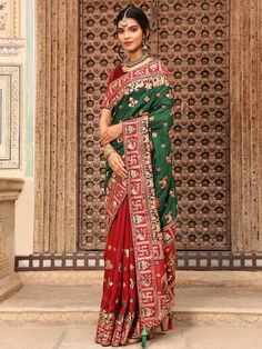 Captivating Red-Green Embroidered Silk Wedding Panetar Saree With Blouse Panetar Saree, Wedding Sarees Online, Utsav Fashion, Ethnic Looks, Art Silk Sarees, Trendy Sarees, Lace Silk, Trendy Blouses, Fancy Blouses