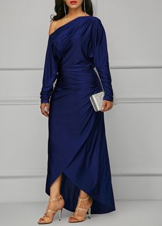 Skew Neck Long Sleeve Maxi Dress | Rosewe.com - USD $34.69 Long Fall Dresses, Striped Print Dresses, Navy Blue Maxi Dress, Marine Uniform, Fashion Dresses Online, Navy Blue Dress, Maxi Dress Online, Black Long Sleeve Dress, Midi Dress With Sleeves