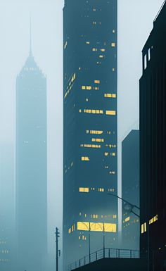 the city skyline is lit up at night with skyscrapers in the foggy sky