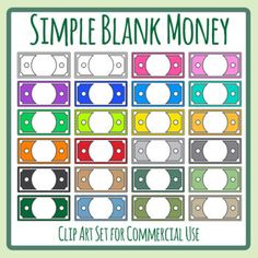 the simple blank money clip art set for commercial use is shown in different colors and sizes