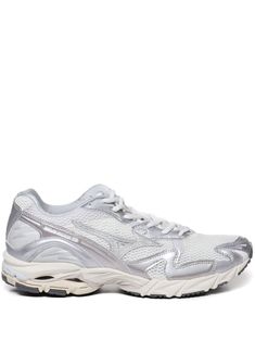 grey silver-tone mesh design panelled design front lace-up fastening almond toe debossed logo to the side branded insole rubber outsole Mizuno Wave Rider 10, Mizuno Wave Rider, Footwear Design, Aviator Watch, Debossed Logo, Balenciaga Track, Office Bag, Balenciaga Triple S, Sneakers Grey