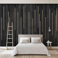 a modern bedroom with black and white wallpaper