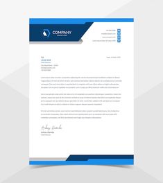 a letterhead for a company with blue and white accents on the front, and an envelope