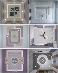 four different pictures with clocks and lights on the wall in various shapes, sizes and colors