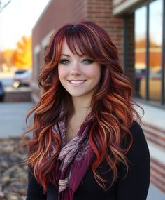 Deep Side Part with Fall Hair  for a Dramatic Look 🎭 Copper Hair With Black Highlights, Dark Red Hair With Copper Highlights, Peanut Butter And Jelly Hair Color, Red Dimensional Hair Color, Copper And Red Highlights, Fun Fall Hair Colors, Scarlet Red Hair