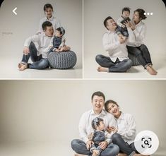 the family is sitting on the floor and posing for their photos with one baby in his arms