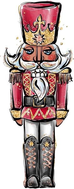 a drawing of a nutcracker in red and gold